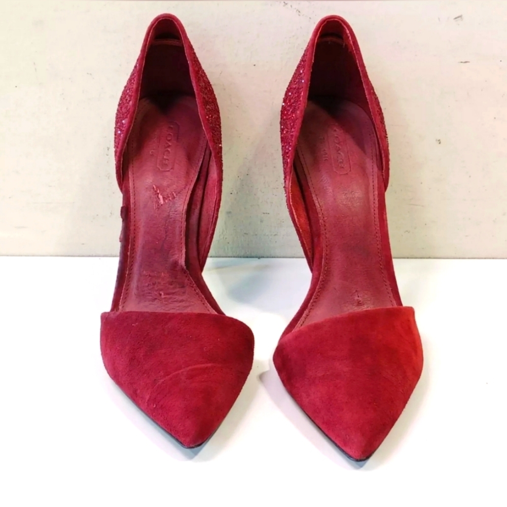 Coach Designer Hollis Wine Red Sparkle Hlitter Suede Heel Pumps Size 9 - Picture 4 of 7